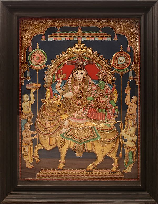 Pradosha Moorthy (Shiva - Parvati) | Embossed Tanjore Painting | Traditional Colors with 24 Karat Gold | With Frame