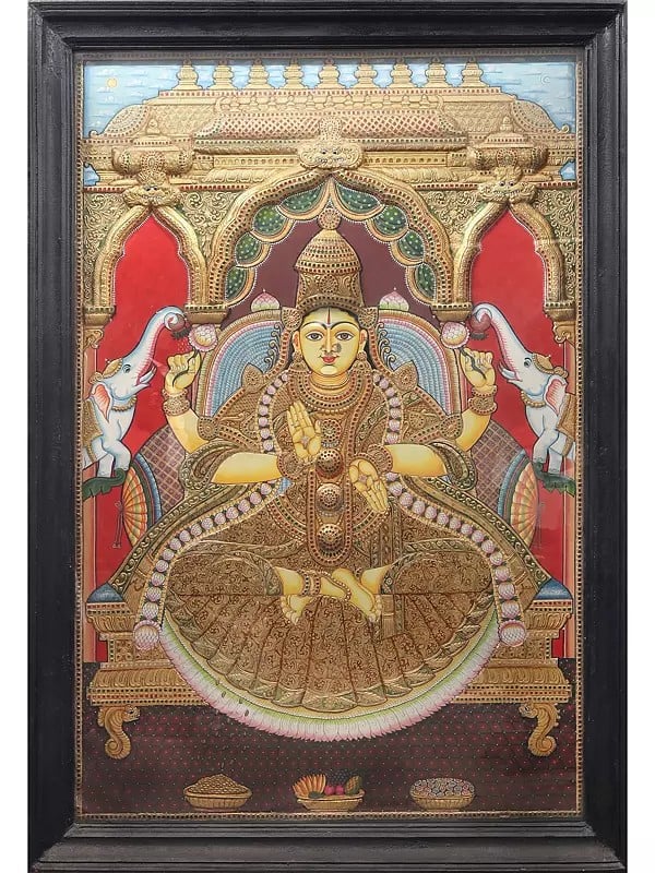 Super Large Goddess Gajalakshmi Tanjore Painting | Traditional Colors with 24 Karat Gold | With Frame
