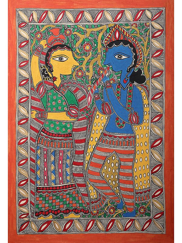 Colorful Madhubani Krishna And Radha | Handmade Paper | By Ajay Kumar Jha