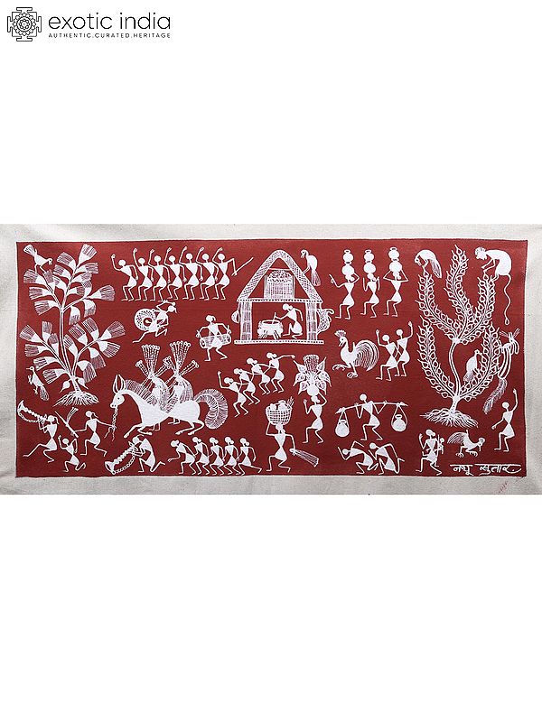 Village Scene | Warli Art on Cotton