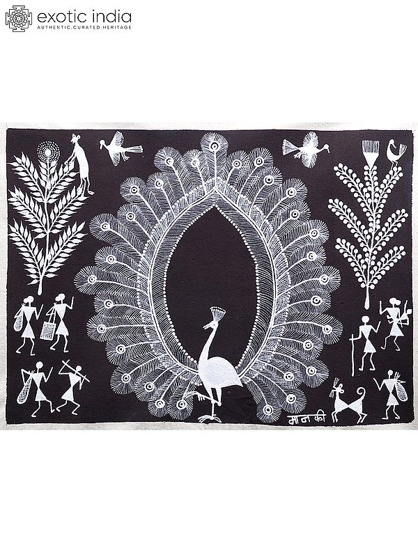 Dancing Peacock | Warli Art on Cotton