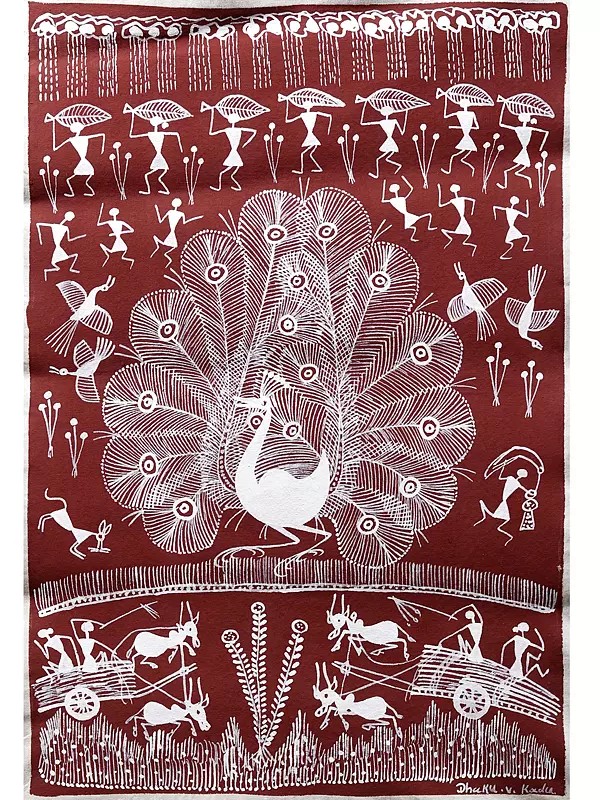 Dancing Peacock | Warli Art on Cotton