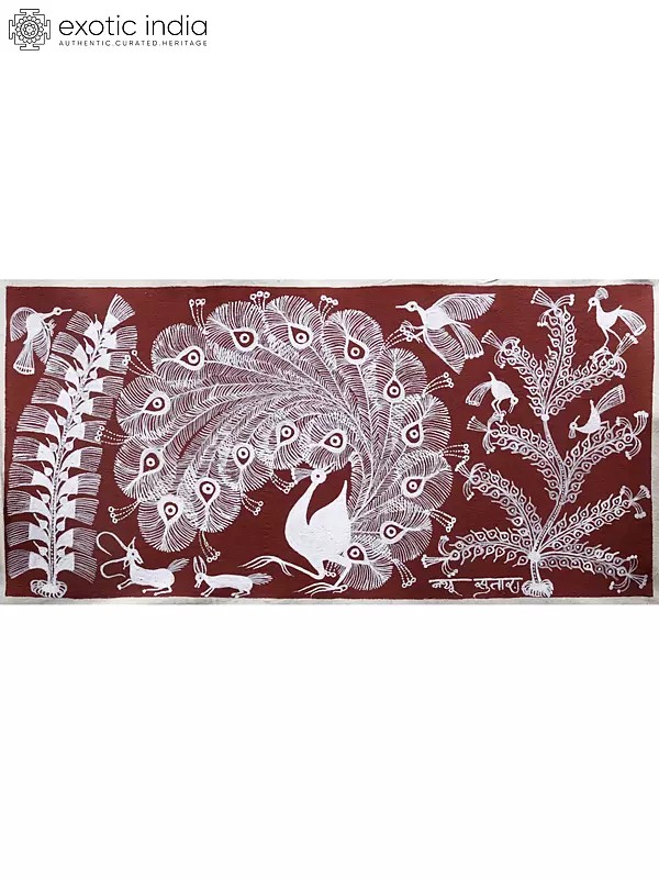 Dancing Peacock | Warli Art on Cotton