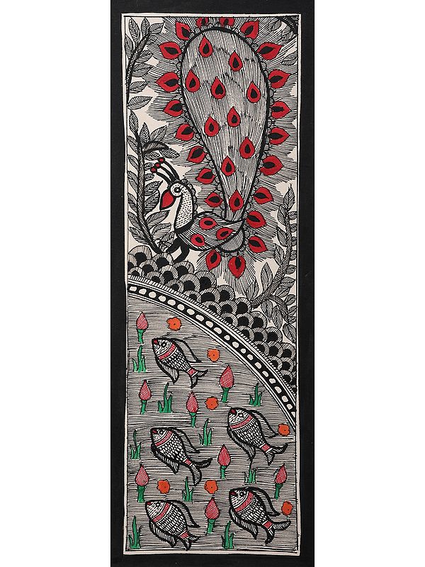 Peacock With Fish Madhubani Painting | Handmade Paper | By Ajay Kumar Jha