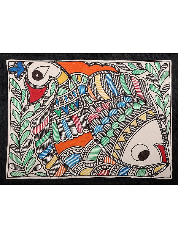 Peacock and Fish Painting on Handmade Paper | Artwork by Ajay Kumar Jha