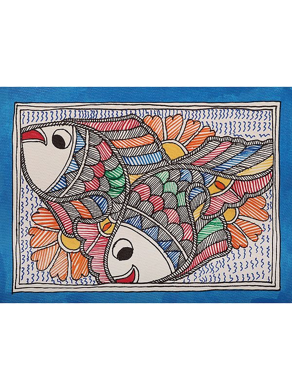 Double Fish Painting on Handmade Paper | Artwork by Ajay Kumar Jha