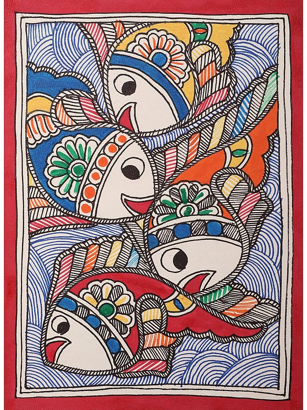 Fish Family Painting in Madhubani Style | Handmade Paper | By Ajay Kumar Jha