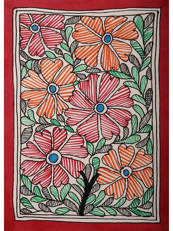 Painting of Colorful Flowers | Madhubani Art on Handmade Paper | By Ajay Kumar Jha