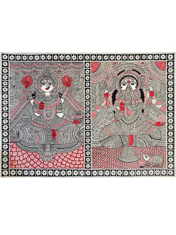 Seated Goddess Lakshmi And Lord Ganesh | Acrylic On Handmade Paper | By Priti Dalwadi