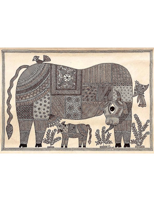 Divine Kamdhenu With Calf | Acrylic On Handmade Paper | By Priti Dalwadi