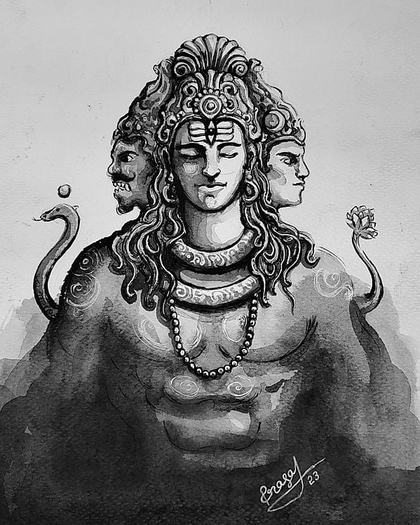Trimurti Shiva | Watercolor On Paper | By Prasad P Mahale
