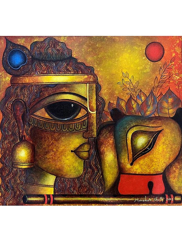Lord Krishna With Cow | Acrylic On Canvas | By Manohar Shetty