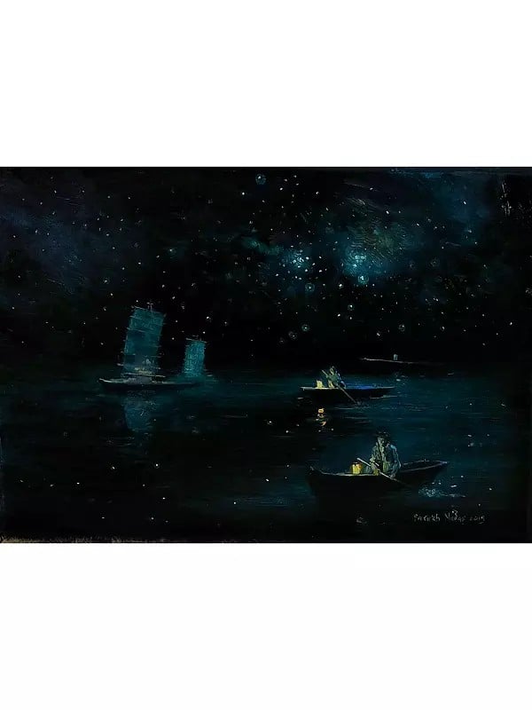 Boat Ride At Night In The Calm Sea | Oil On Paper | By Farukh S Nadaf