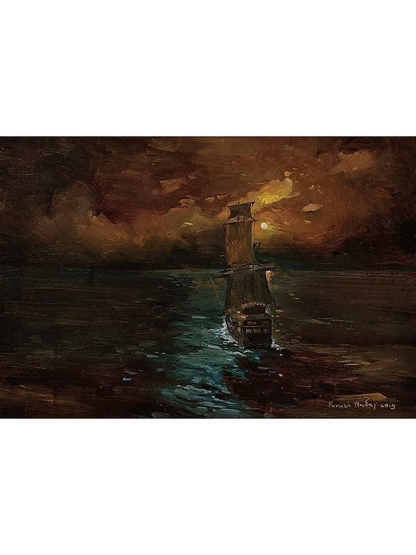 Floating Ship In The Moonlight | Oil On Paper | By Farukh S Nadaf