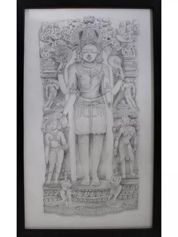 Standing Lord Vishnu | Graphite On  Cartridge | By Deepa Kushwaha | With Frame