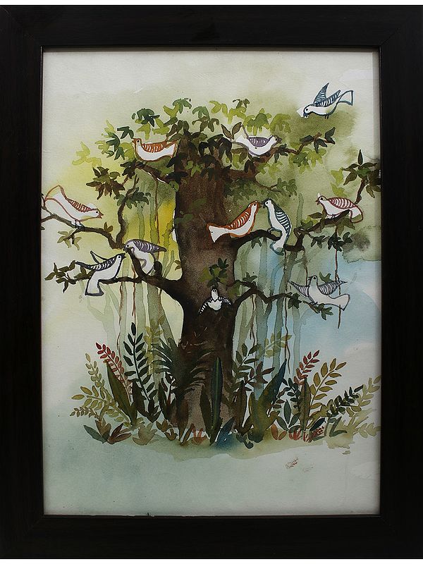 Birds On A Tree | Watercolor On Cartridge | By Deepa Kushwaha | With Frame
