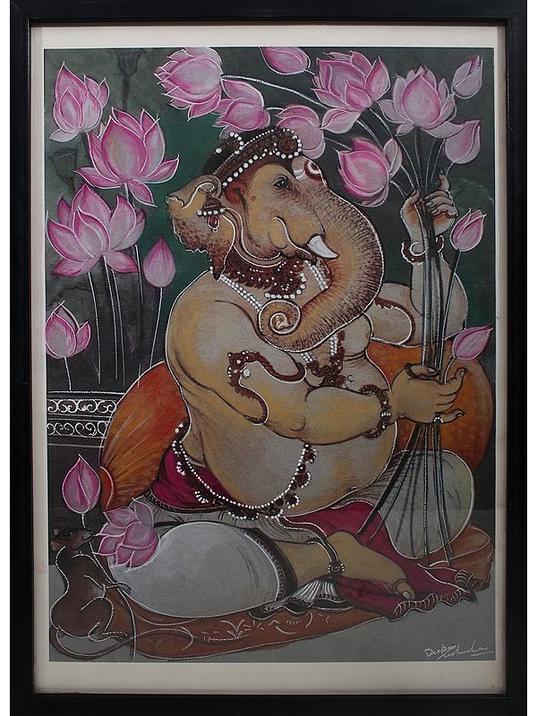 Lord Ganesha Art | Mix Media On Handmade Paper | By Deepa Kushwaha | With Frame