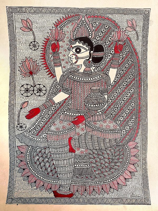 Goddess Laxmi | Waterproof Ink On Handmade Paper | By Priti Dalwadi