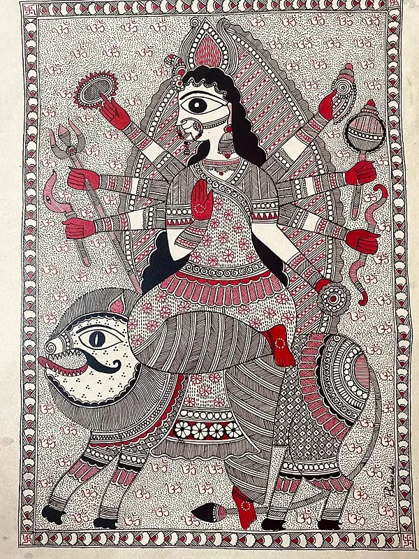 Ashtabhuja Goddess Durga | Waterproof Ink On Handmade Paper | By Priti Dalwadi