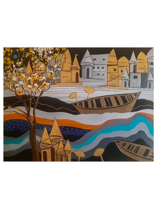 Floating Boat In A River | Acrylic On Canvas | By Debrata Basu