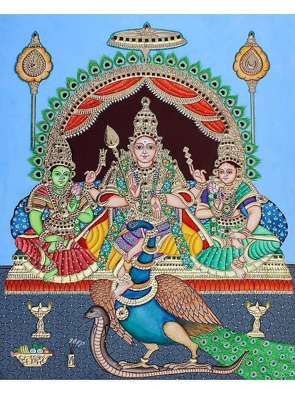 Lord Murugan With Goddess Valli And Deivanai | Tanjore Painting | Poster Color On Cloth