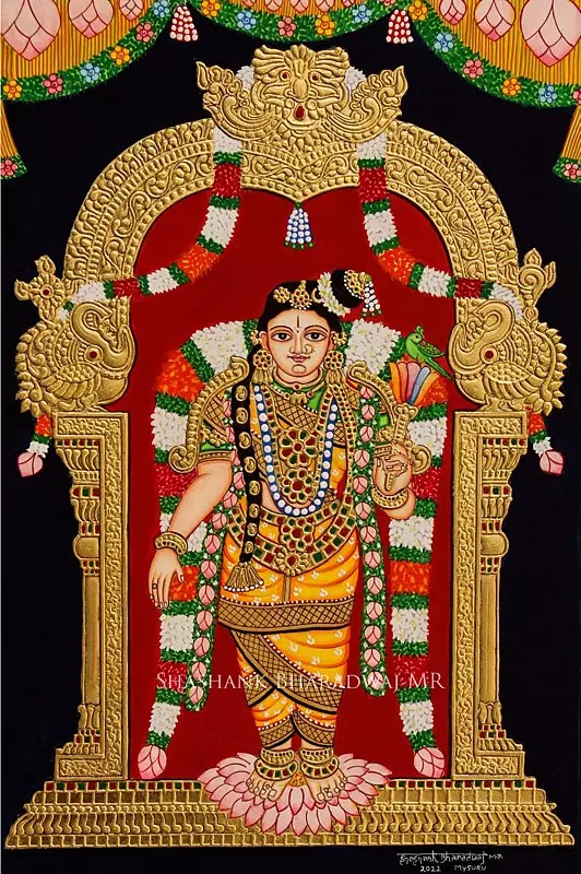 Standing Goddess Meenakshi | Mysore Style Painting | Natural Color On Cloth | By Shashank Bhardwaj