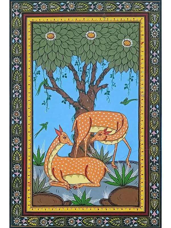Pair Of Deer Under The Tree | Pattachitra Painting | Natural Color On Handmade Canvas | By Sushant Maharana