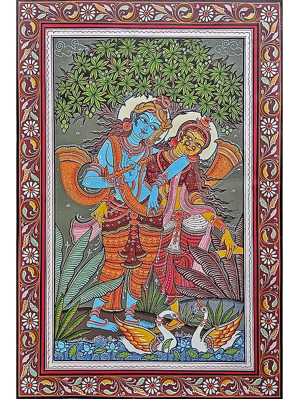 Fluting Krishna With Radha Side By Lake | Pattachitra Painting | Natural Color On Handmade Canvas | By Sushant Maharana