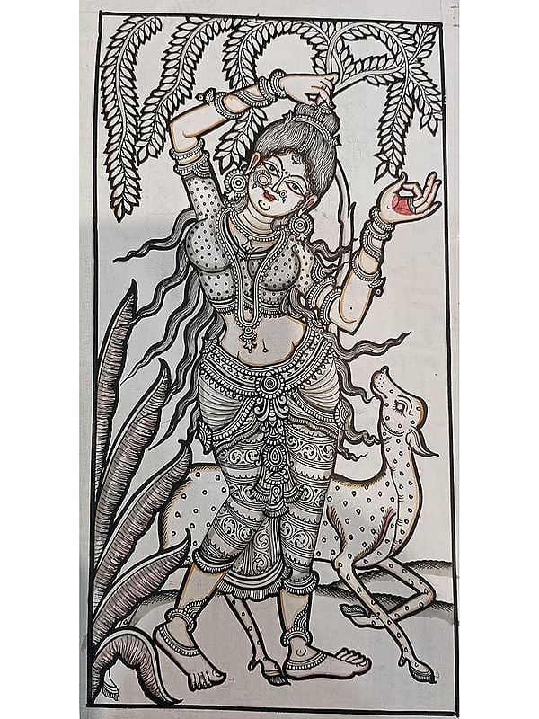 Standing Apsara With Deer | Pattachitra Painting | Natural Color On Handmade Canvas | By Sushant Maharana