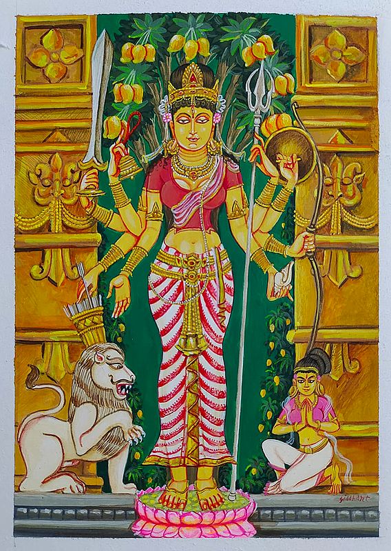 Ashta Bhuja Goddess Durga With Devotee | Gouache On Paper | By Siddhant Thapan