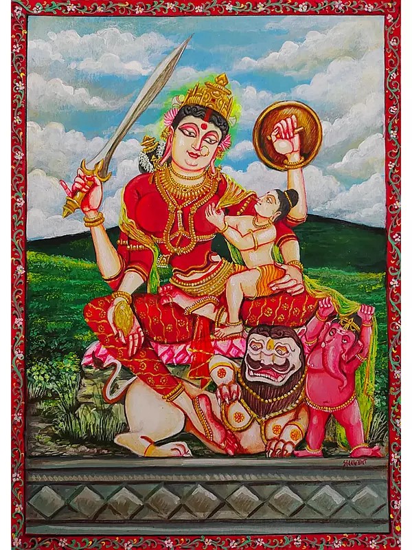 Goddess Parvati With Lord Kartikeya And Ganesha | Gouache On Paper | By Siddhant Thapan