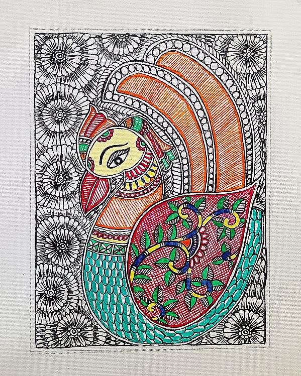 Attractive Colorful Peacock Madhubani Painting | Acrylic on Canvas | By Rina Patwa