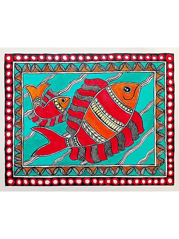 Floating Fish With Small One | Madhubani Painting | Acrylic On Canvas | By Rina Patwa