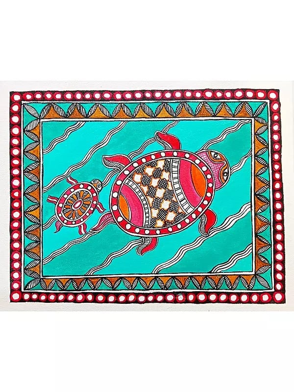 Floating Turtle With Small One | Madhubani Painting | Acrylic On Canvas | By Rina Patwa
