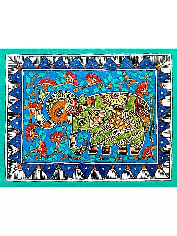 Attractive Pair Of Elephant | Madhubani Painting | Acrylic On Canvas | By Rina Patwa