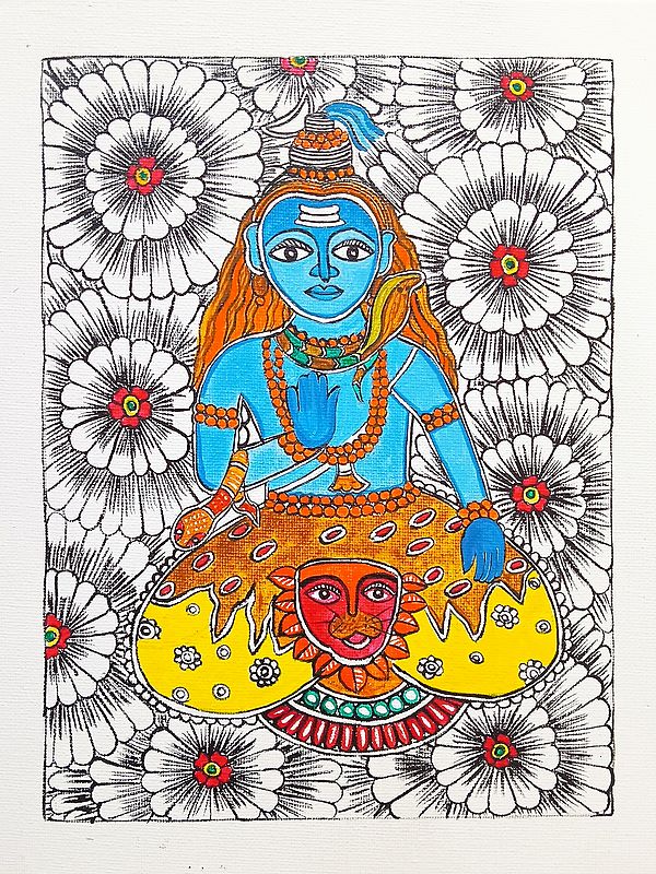 Blessing Lord Shiva | Madhubani Painting | Acrylic On Canvas | By Rina Patwa