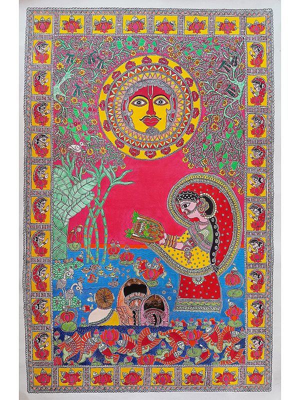 Worshipping - Festival Of Chhath | Madhubani Painting | Acrylic On Cotton Canvas | By Rina Patwa