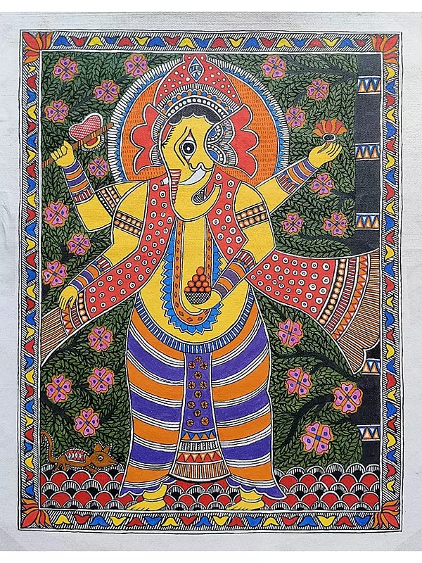 Standing Lord Ganesha Madhubani Painting | Acrylic On Handmade Paper | By Saral Panchal