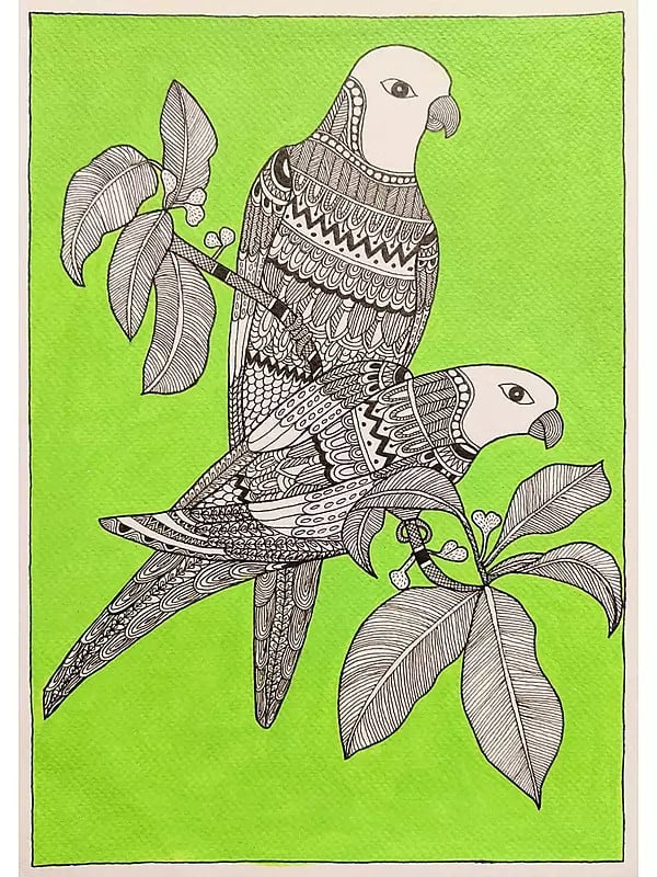 Two Parrot On Stem Madhubani Painting | Acrylic On Brustro Paper | By Saral Panchal