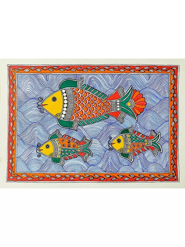 Fishes In Waves Madhubani Painting | Acrylic On Brustro Paper | By Saral Panchal
