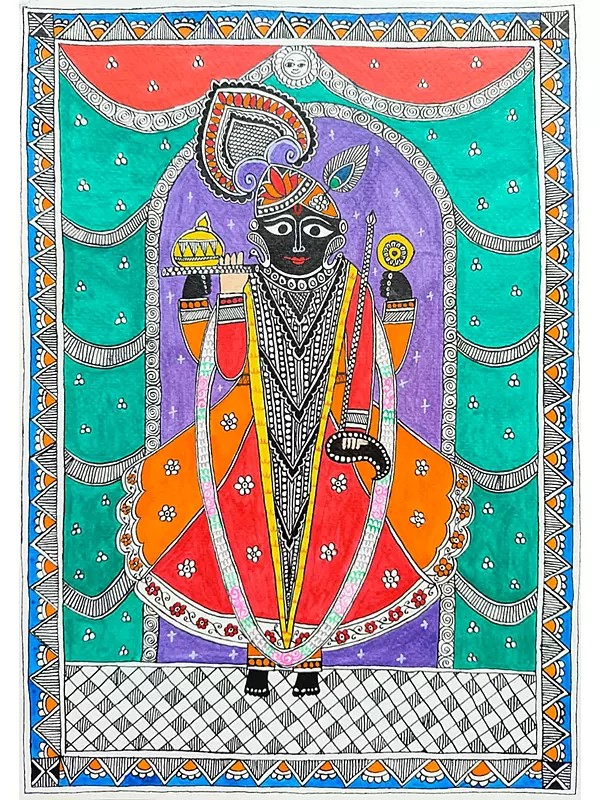 Jai Shree Krishna Madhubani Painting | Acrylic On Handmade Paper | By Saral Panchal