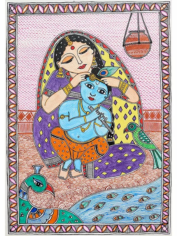 Kanha Ji And Maiya Yashoda Madhubani Painting | Acrylic On Handmade Paper | By Saral Panchal