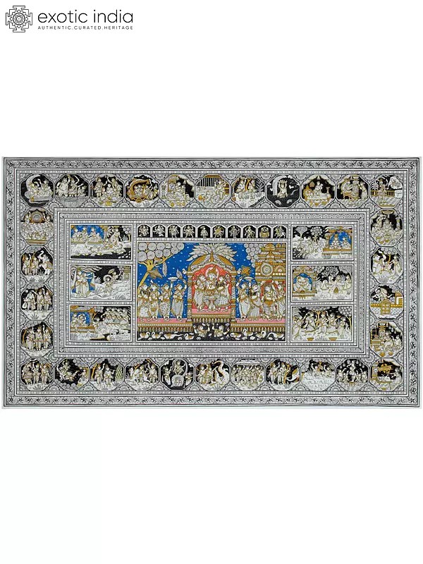 Shri Krishna with Rukmini and Satyabhama with Chapters of His Life Journey | Superfine Pattachitra Painting | Masterpiece