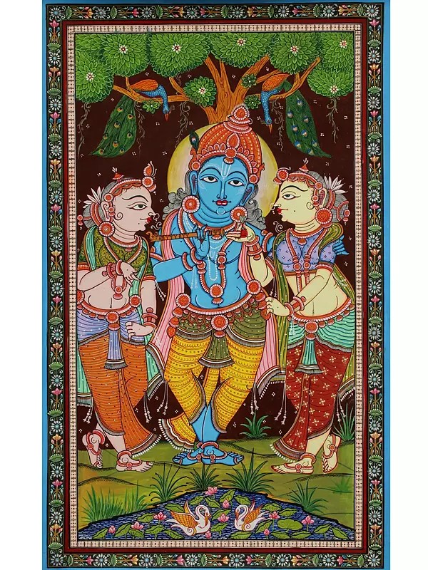 Lord Krishna with His Consorts Rukmini and Satyabhama | Pattachitra Painting