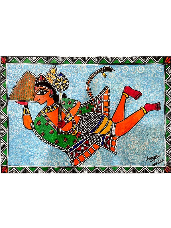 Hanuman Carrying Sanjivani Buti | Acrylic On Paper | By Roopa