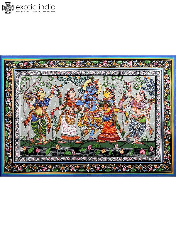 Dancing Lord Krishna with Rukmini and Satyabhama | Pattachitra Painting from Odisha