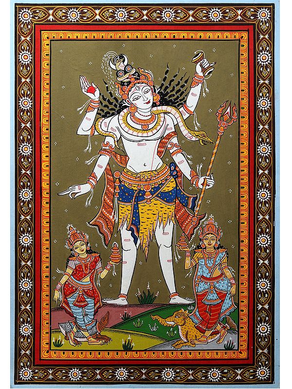 Standing Lord Shiva with Devi Ganga and Yamuna | Pattachitra Painting from Odisha