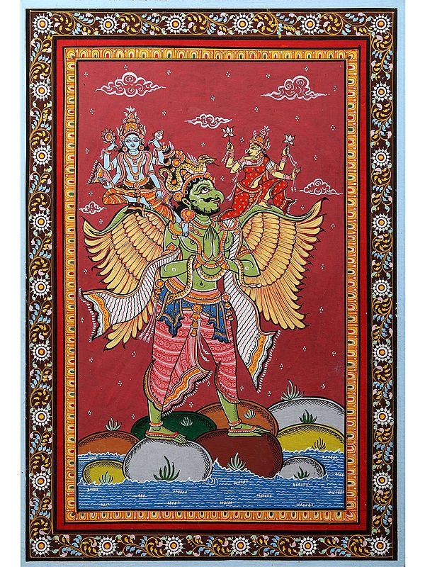 Lakshmi - Narayan Seated on Garuda | Pattachitra Painting from Odisha
