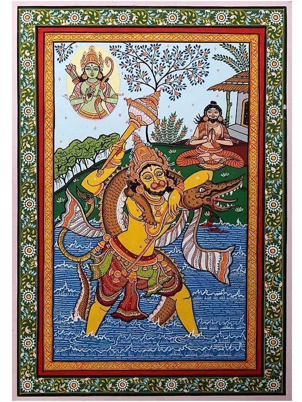 Killing of Dhyanamalini by Lord Hanuman | Pattachitra Painting from Odisha