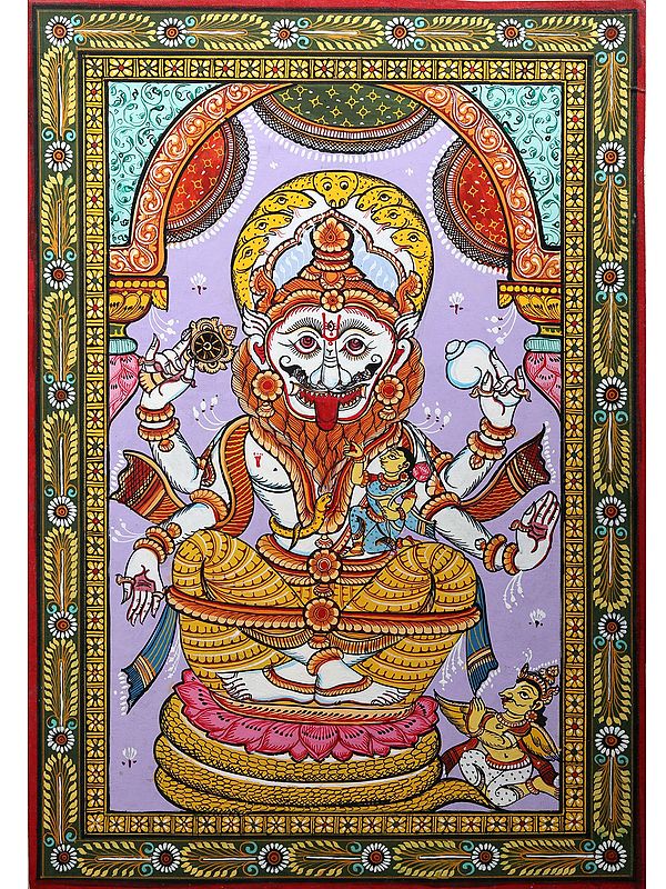 Lord Narasimha with Devi Lakshmi | Pattachitra Painting from Odisha